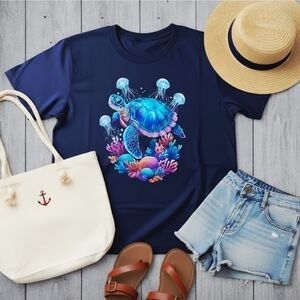 Neon Sea Turtle Graphic Tee Jellyfish Ocean Shirt Underwater Reef Marine Life